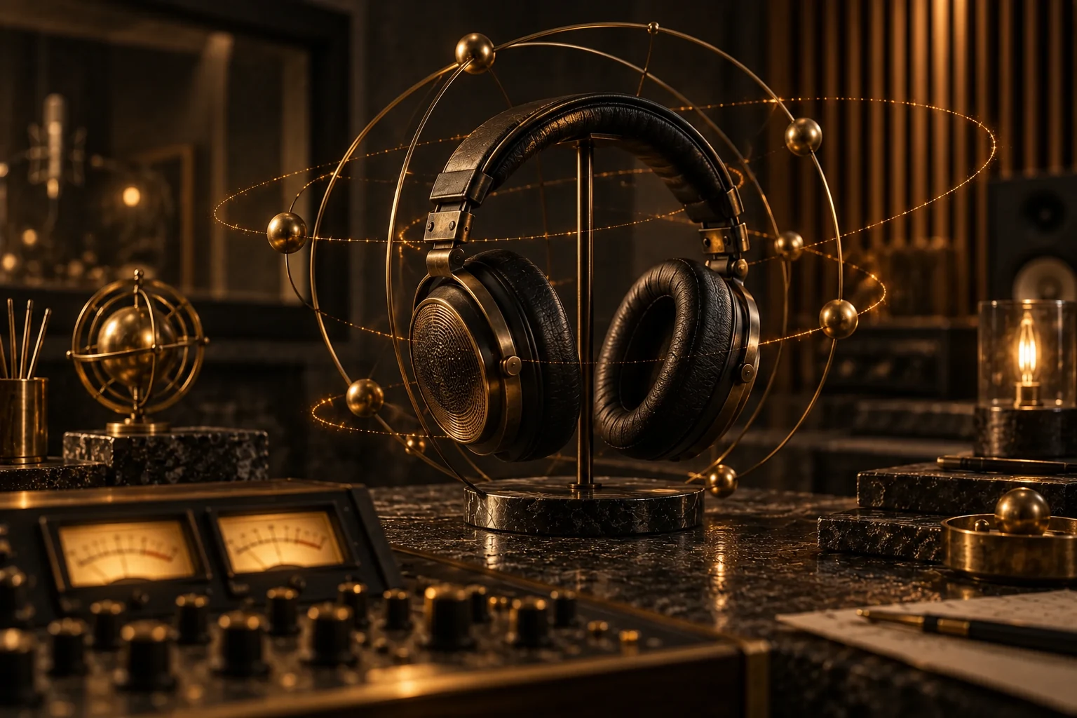 Rappresentazione artistica del mixing binaurale 3D: cuffie, strumenti analogici e traiettorie sonore