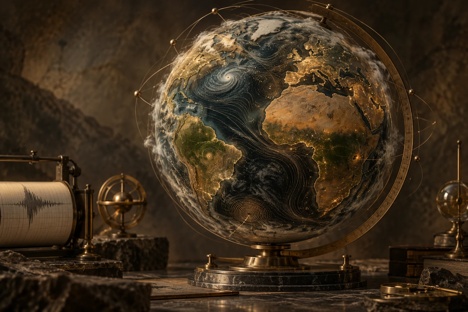 Rappresentazione artistica del monitoraggio globale: la Terra attraversata da segnali e contorni topografici