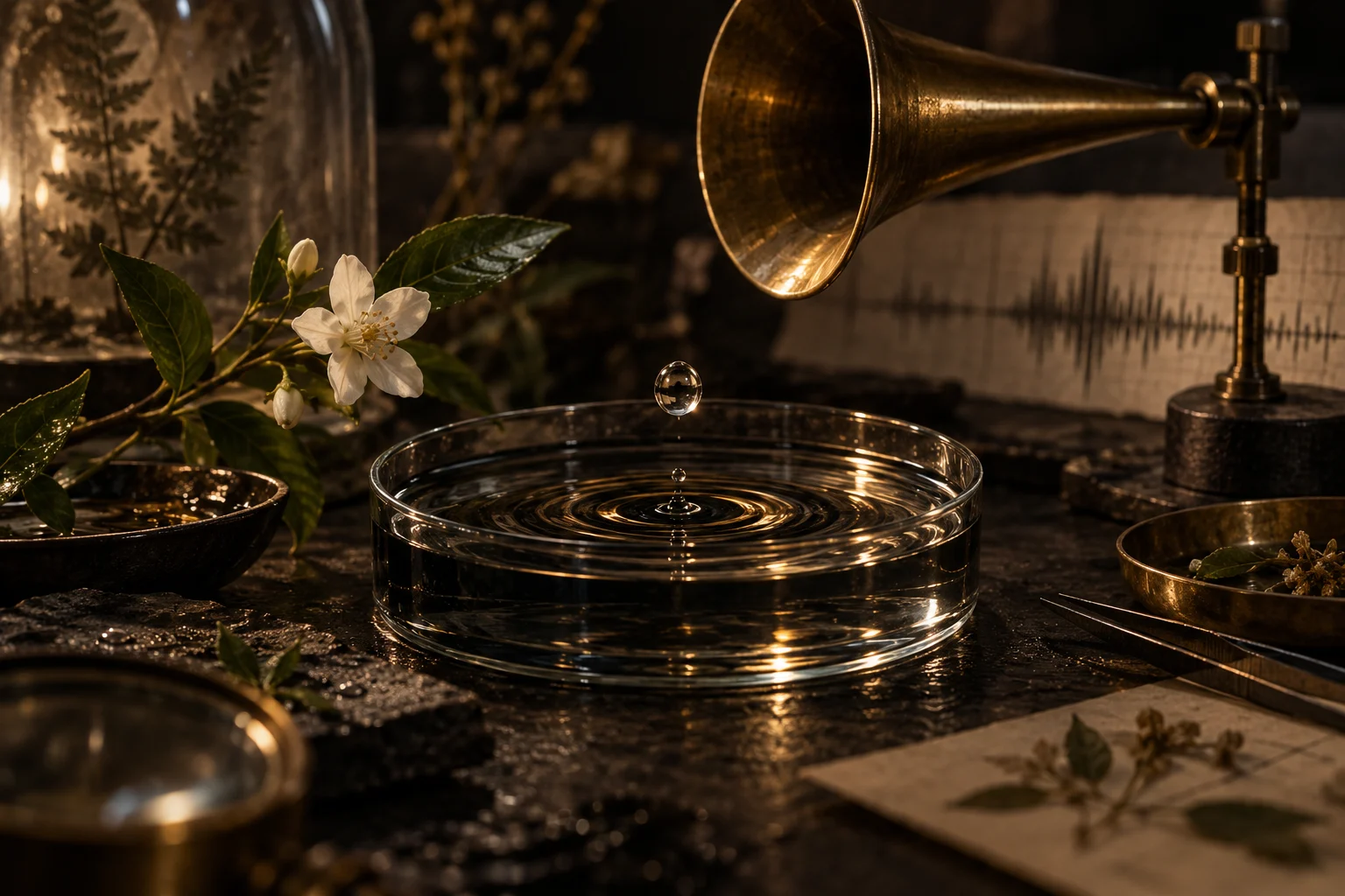 Rappresentazione artistica della ricerca sonora: acqua, un fiore e strumenti acustici